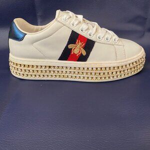 Gucci White Bee Ace Crystal Embellished Platform Sneakers Size 35 US 4.5-5